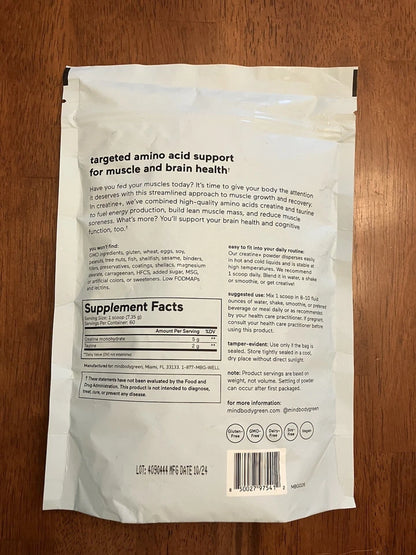 MBG mindbodygreen Creatine+ with Taurine 60 Servings / 15.5oz Powder Creatine +